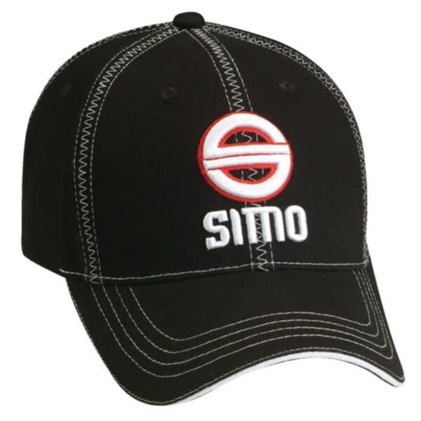 A black baseball cap with white stitching and a front logo featuring a stylized red and white circle with a diagonal line through it, above the word SIMO in bold white letters.