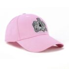 A pink baseball cap with an intricate silver emblem featuring a crown and a lion on the front. The cap has a curved brim and visible stitching.
