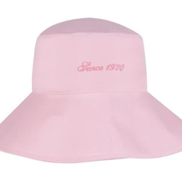 A pink sun hat with a wide brim, featuring the words Since 1970 embroidered in front.