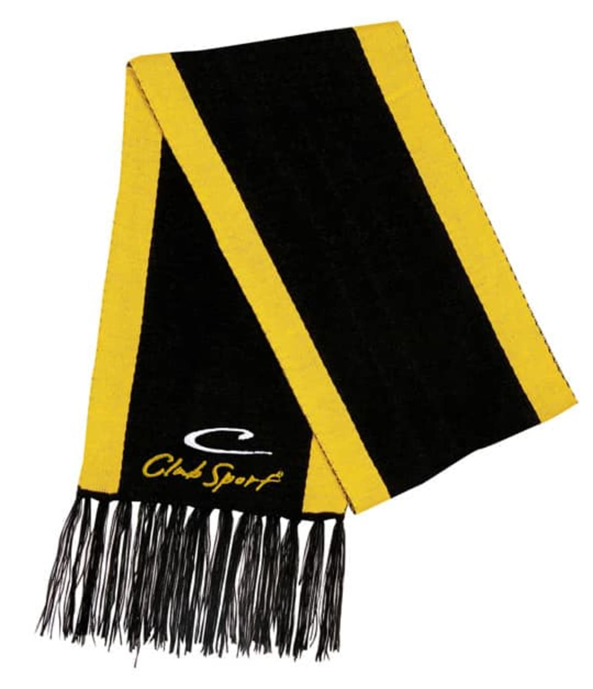 A yellow and black scarf with fringe at the ends. It features diagonal stripes and the C logo with the text Club Sport stitched on one end.