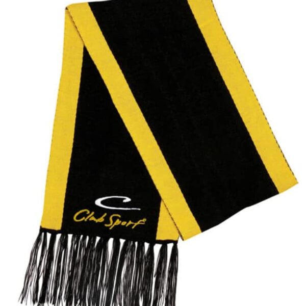 A black and yellow scarf with vertical stripes and fringe ends. The scarf features a logo and the text Club Sport embroidered on one end.