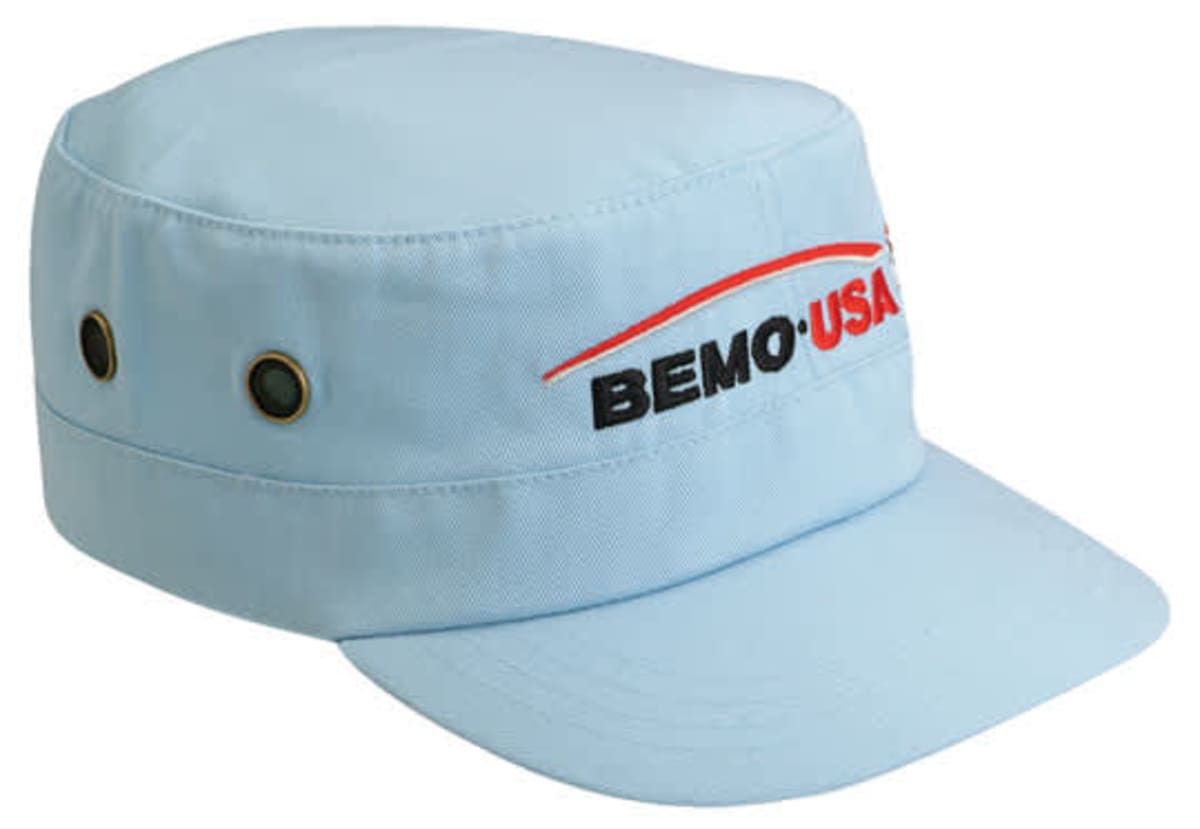 Light blue cap with a flat top and visor, featuring the BEMO USA logo in black and red on the front. There are two metal eyelets on the side for ventilation.