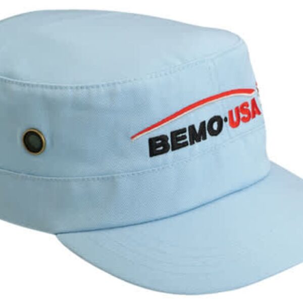 A light blue baseball cap with BEMO USA embroidered on the front in black and red. The cap features two black metal eyelets on the side.