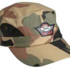 A camouflage military-style cap with a circular patch featuring a logo and stars on the front. The hat includes earthy tones of green, brown, and tan.