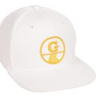 A white baseball cap with a flat brim featuring a yellow embroidered logo, which includes a circle around the letter G and a curved line beneath it.