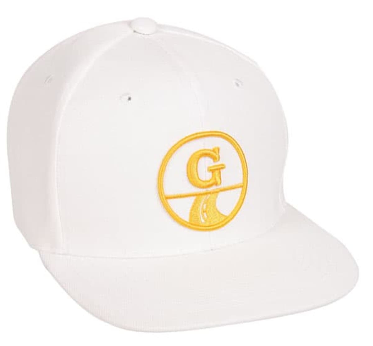 A white baseball cap with a flat brim featuring a yellow embroidered logo, which includes a circle around the letter G and a curved line beneath it.