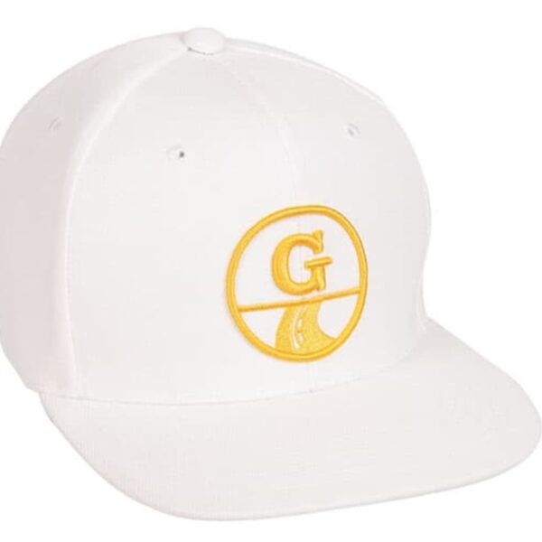 A white baseball cap featuring a yellow embroidered emblem with a stylized letter G inside a circle on the front. The cap has a flat brim and six panels with small ventilation holes.