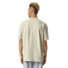 Man in American Apparel beige T-shirt, gray shorts, curly hair, facing away.