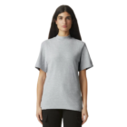 Long-haired person in gray American Apparel T-shirt and black pants on a white background.