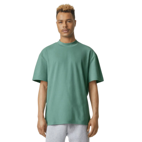Person in an American Apparel T-shirt and gray pants against a white background.