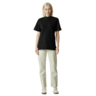 Individual in an American Apparel T-shirt and light pants stands against a white background.