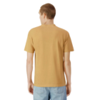 Man in tan American Apparel Adult T-shirt and jeans, facing away on white background.