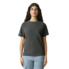 Adult in American Apparel dark gray T-shirt and light blue pants on a white background.