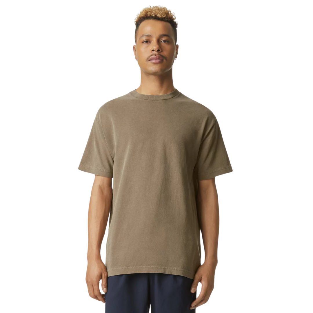 Brown American Apparel Polycotton T-shirt with dark pants on white background.