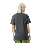 Adult in an American Apparel gray Jersey T-Shirt and green pants, blonde hair, facing away.
