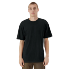 Person in a black American Apparel jersey t-shirt and brown pants on a white background.