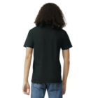 Curly-haired person in a black Ladies’ Fine Jersey T-Shirt and blue jeans, facing away.