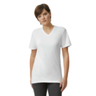 Person in American Apparel Ladies’ Fine Jersey T-Shirt and jeans against a white background.