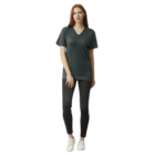 Person in green American Apparel Ladies Fine Jersey T-shirt, black pants, and white sneakers.