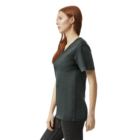 Redhead in jeans and dark American Apparel Ladies’ Fine Jersey T-Shirt, stands against white.