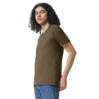 Person in a brown Ladies’ Fine Jersey T-shirt and jeans, curly hair looking sideways.