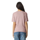 Person in pink Ladies Fine Jersey T-shirt & blue jeans, facing away.