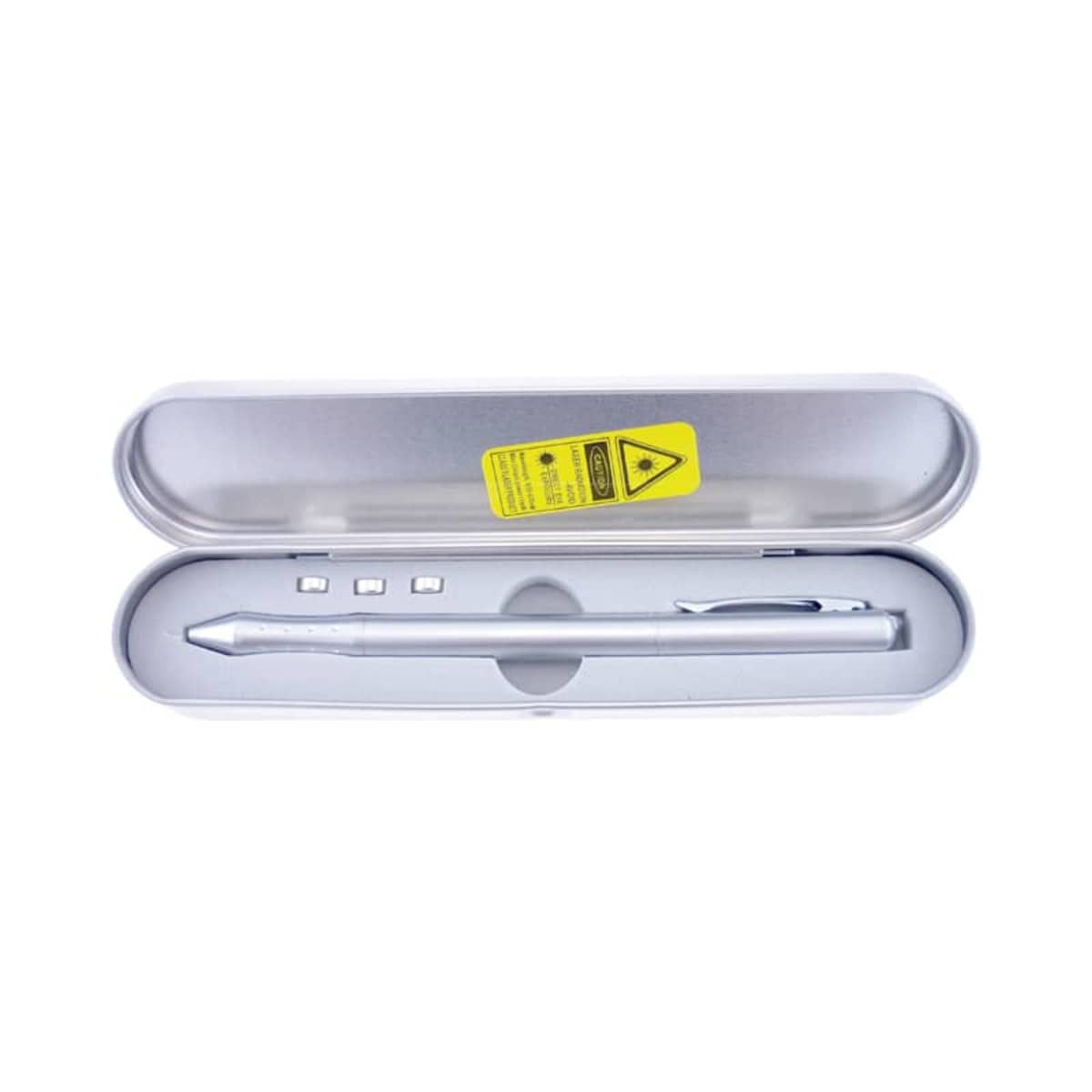 Silver pen with a clip, placed inside a gray metal box with a transparent lid. The box has a yellow warning label. Three small silver objects are also inside the box above the pen.