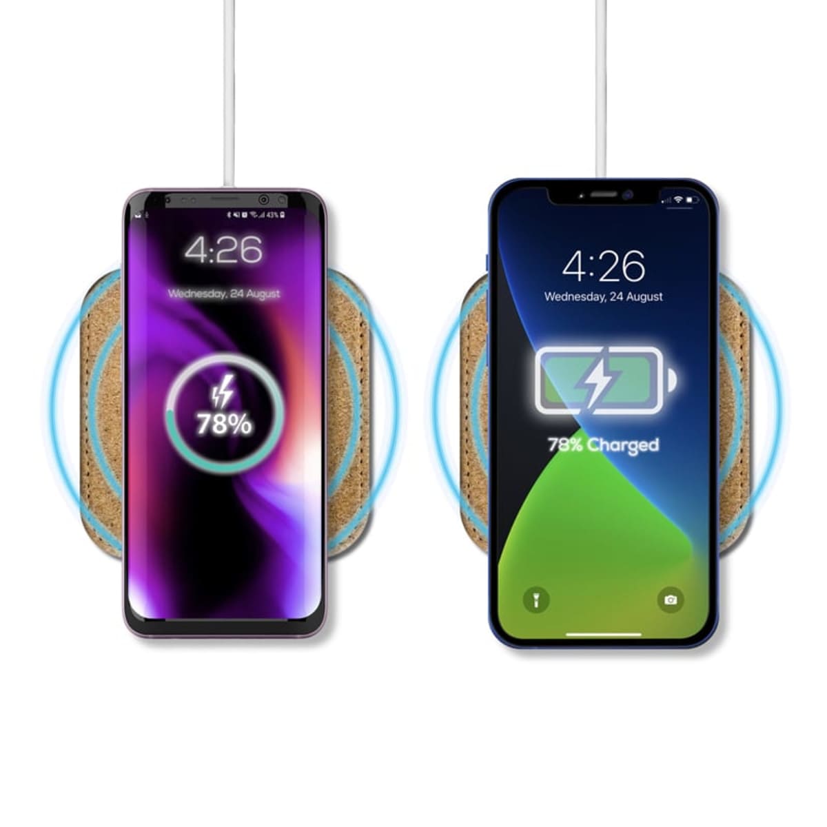 Two smartphones on wireless charging pads. The phone on the left shows a charging icon with 78% charged, and the screen time reads 4:26 on Wednesday, 26 August. The phone on the right also shows a charging icon with the same charge percentage and time.