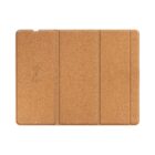 A light brown cork tablet case with a tri-fold design, featuring a subtle embossed wireless charging symbol on the left side.