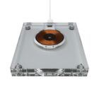 A transparent square-shaped wireless charger with visible inner components, including a copper coil at the center. The charger is connected by a white cable extending from the top.