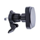 A sleek, black magnetic car phone holder with a smooth rectangular base and a clip attachment designed for air vents.