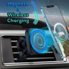 A smartphone is displayed in a car mounted on a magnetic wireless charger attached to the air vent. The phones screen shows a battery icon with a 78% charge. Text reads Magnetic & Wireless Charging.