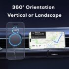 A phone mounted on a car vent, displaying a GPS navigation map. The image shows the device in both vertical and horizontal orientations with 360° Orientation Vertical or Landscape text above it.