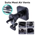 A black car phone mount shown compatible with various air vent types: lateral, vertical, round, and thick blade. The image highlights the mounts universal fit for most air vents.