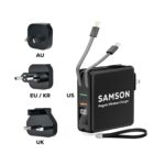 A black magnetic wireless charger labeled SAMSON with multiple charging cables. Three plug adapters are shown: AU, EU/KR, and UK. The charger has a digital display and a US plug.