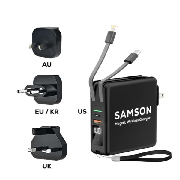 A black magnetic wireless charger with a display screen, labeled SAMSON, featuring three attached charging cables. Includes interchangeable plug adapters for AU, EU/KR, UK, and US regions.
