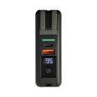 A black power bank with an LED display showing 95. It features a power button, a USB-A port with an orange interior, a USB-C port, and a green indicator light on the front.