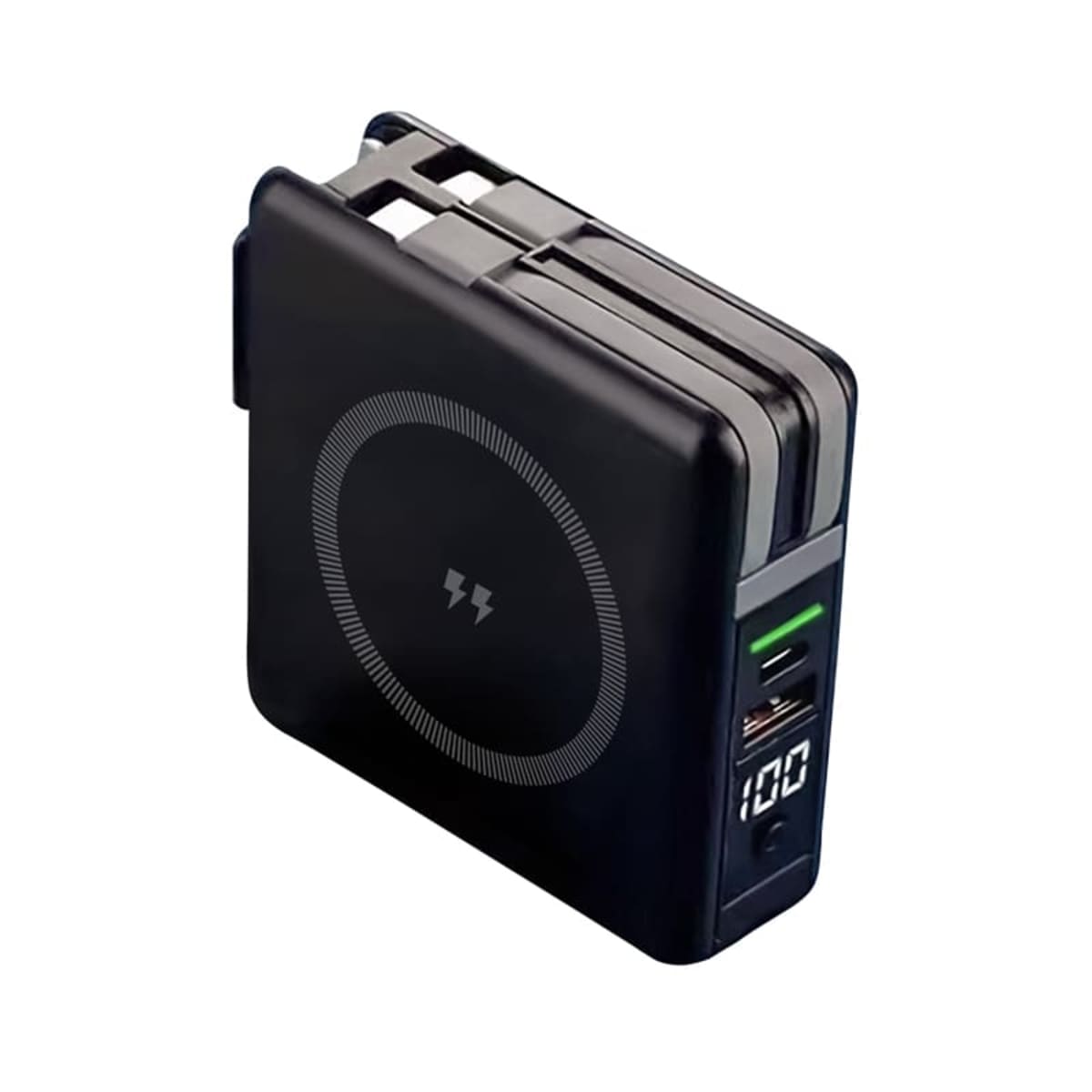 A sleek black portable power bank with a digital display showing 100 and multiple USB ports. The top has a wireless charging symbol, and two foldable AC prongs are visible for easy wall charging.