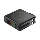 A compact black power bank with a wireless charging symbol on top. It has multiple ports, including USB-A, USB-C, and Lightning, on its side. The design is sleek and portable, suitable for charging various electronic devices.