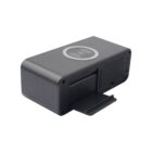 A black rectangular device featuring a wireless charging symbol on top. It has a slot for holding a phone or tablet in an upright position, with an angled base for support.