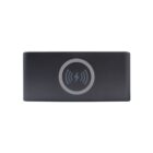 A black rectangular wireless charger with a circular charging symbol in the center. The symbol features a lightning bolt and signal waves, indicating its purpose for powering compatible electronic devices.