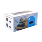 A white box featuring an image of a digital alarm clock with wireless charging on top, alongside a person sleeping. The box highlights product features and dimensions.