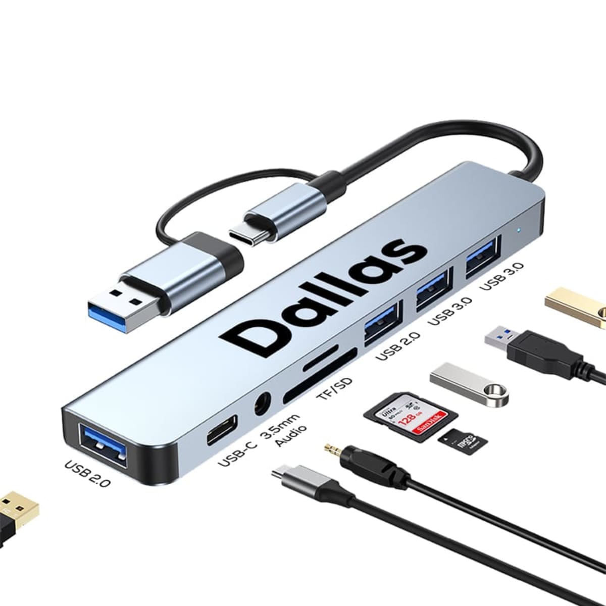 A multi-port USB hub with branding Dallas showcasing various connectivity options, including USB 2.0, USB 3.0, USB-C, HDMI, microSD, and SD card slots, along with various compatible cables and adapters placed around it.