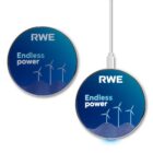 Two round wireless chargers with blue and white designs feature wind turbines and the text RWE Endless power. They are connected via a USB cable.