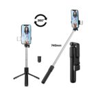 A black extendable selfie stick with a smartphone holder and tripod base, displaying a phone showing a person. The stick extends up to 740mm and offers a 360-degree rotation. The image also includes a detached Bluetooth remote control.