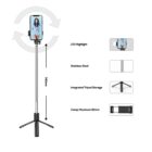 A telescopic selfie stick with a phone mount and LED lighting, featuring a 740mm stainless steel extension, integrated tripod storage, and a clamp width of 90mm. A smartphone is displayed in portrait orientation on the mount.