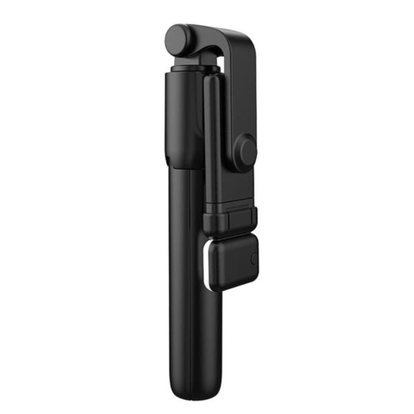 A black foldable selfie stick with a handle and a phone holder, compactly folded for easy portability. The stick has a sleek and modern design.