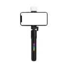 A smartphone mounted on a black selfie stick with a small, square light attached above the phone. The selfie stick is labeled Reunion in colorful letters.