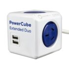 A white PowerCube Extended Duo with two USB ports and multiple power sockets, featuring a blue design on the socket face.
