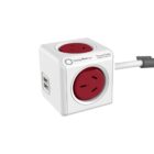 A white power cube with red outlets featuring multiple sockets and USB ports. It has a compact design with a gray power cord extending from the side.